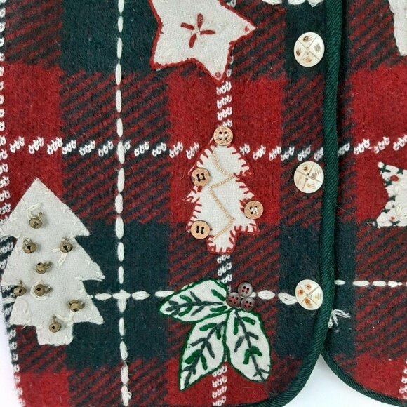 Vtg TanTrums Christmas Sweater Vest Wool Blend Green Red Holiday Applique M - Picture 4 of 9